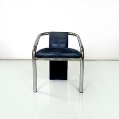 Italian postmodern dark blue velvet and chromed metal chairs with armrests 1980s