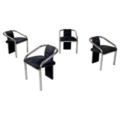 Italian postmodern dark blue velvet and chromed metal chairs with armrests 1980s