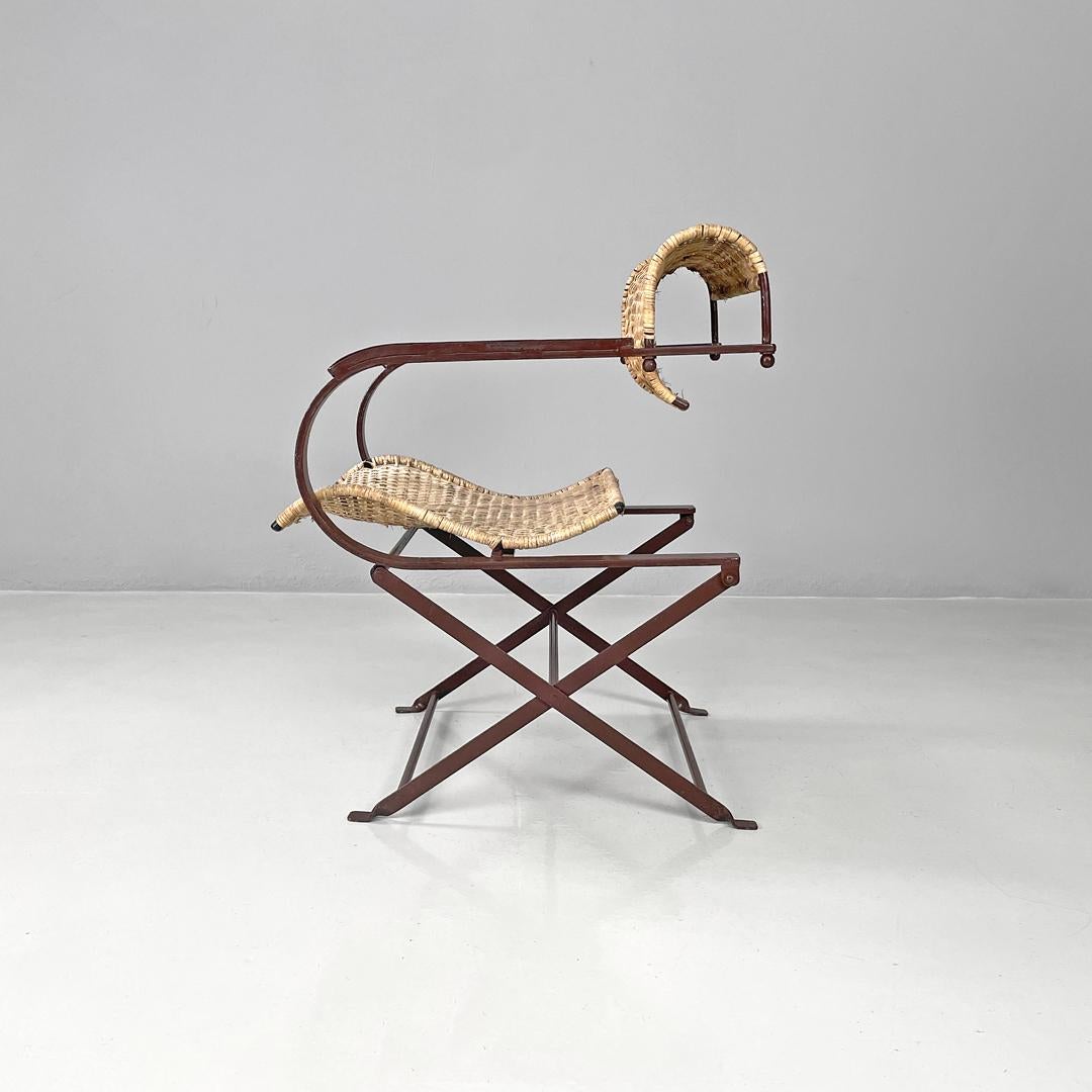 Italian postmodern folding chairs in straw and brown metal, 2000s In Distressed Condition For Sale In MIlano, IT