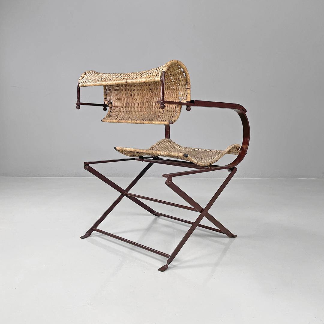 Contemporary Italian postmodern folding chairs in straw and brown metal, 2000s For Sale