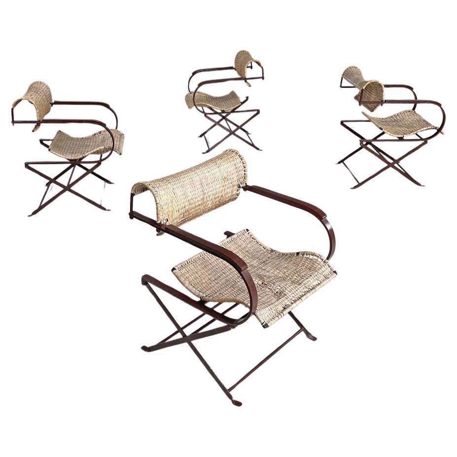 Italian postmodern folding chairs in straw and brown metal, 2000s