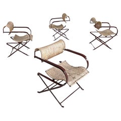 Vintage Italian postmodern folding chairs in straw and brown metal, 2000s