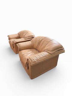 Italian Postmodern Lounge Set Tan Leather Postmodern Armchair Pair and Sofa