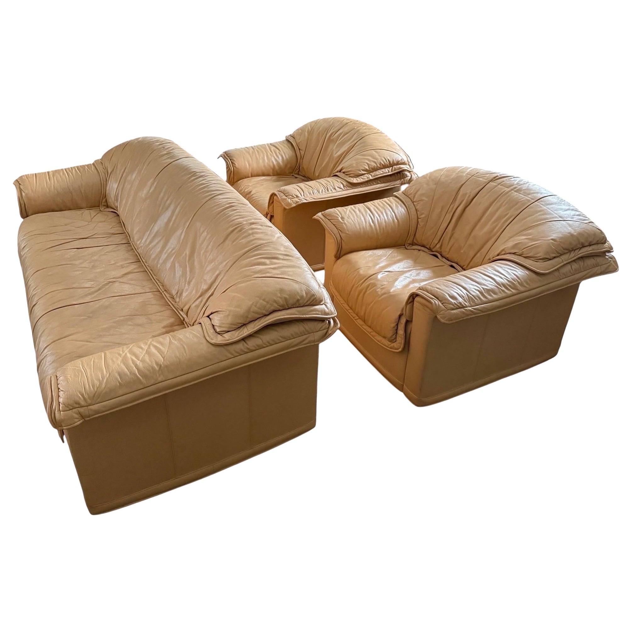 Italian Postmodern Lounge Set Tan Leather Postmodern Armchair Pair and Sofa