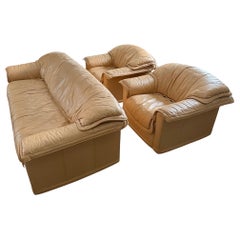 Italian Postmodern Lounge Set Tan Leather Postmodern Armchair Pair and Sofa
