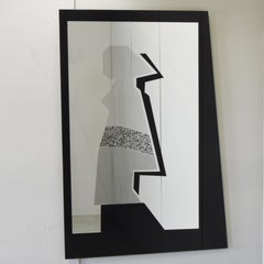 Italian postmodern mirror, black glass mirror, 1980s screen-printed mirror, Memphis