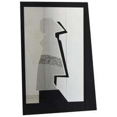 Italian postmodern mirror, black glass mirror, 1980s screen-printed mirror, Memphis