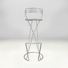Italian postmodern round base chromed metal stool with footrest, 2000s