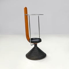 Italian postmodern round umbrella stand by Origlia in cast iron and wood, 1980s