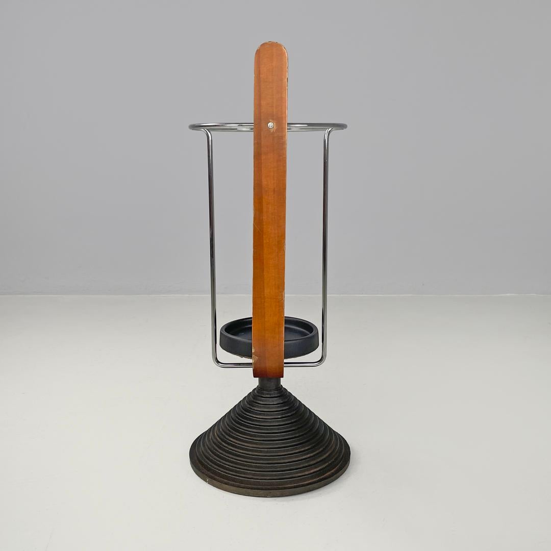 Post-Modern Italian postmodern round umbrella stand by Origlia in cast iron and wood, 1980s For Sale
