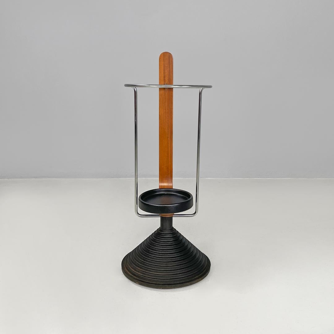 Post-Modern Italian postmodern round umbrella stand by Origlia in wood and cast iron, 1980s For Sale
