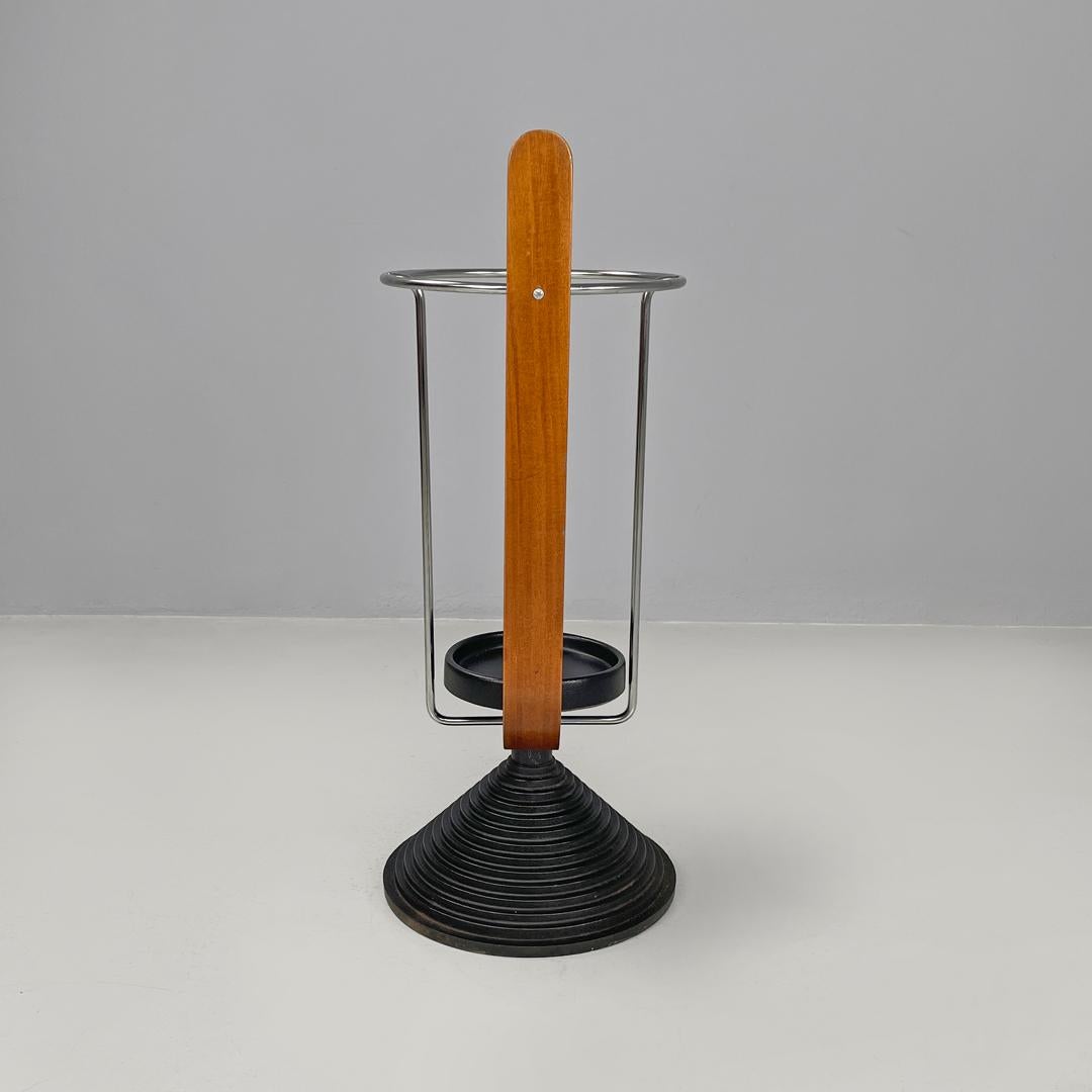 Late 20th Century Italian postmodern round umbrella stand by Origlia in wood and cast iron, 1980s For Sale