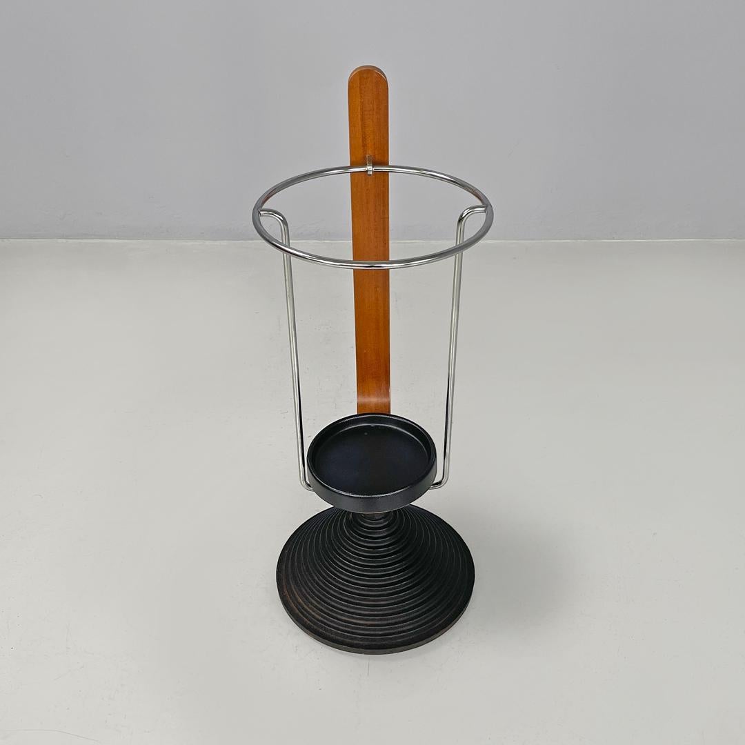 Metal Italian postmodern round umbrella stand by Origlia in wood and cast iron, 1980s For Sale