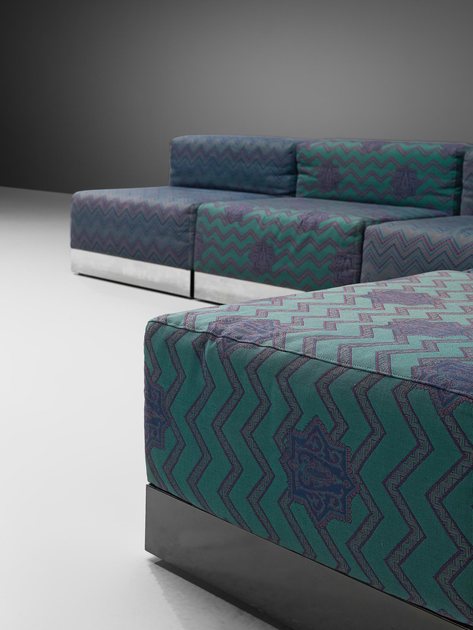 Fabric Italian Postmodern Sectional Sofa in Turquoise and Blue Upholstery