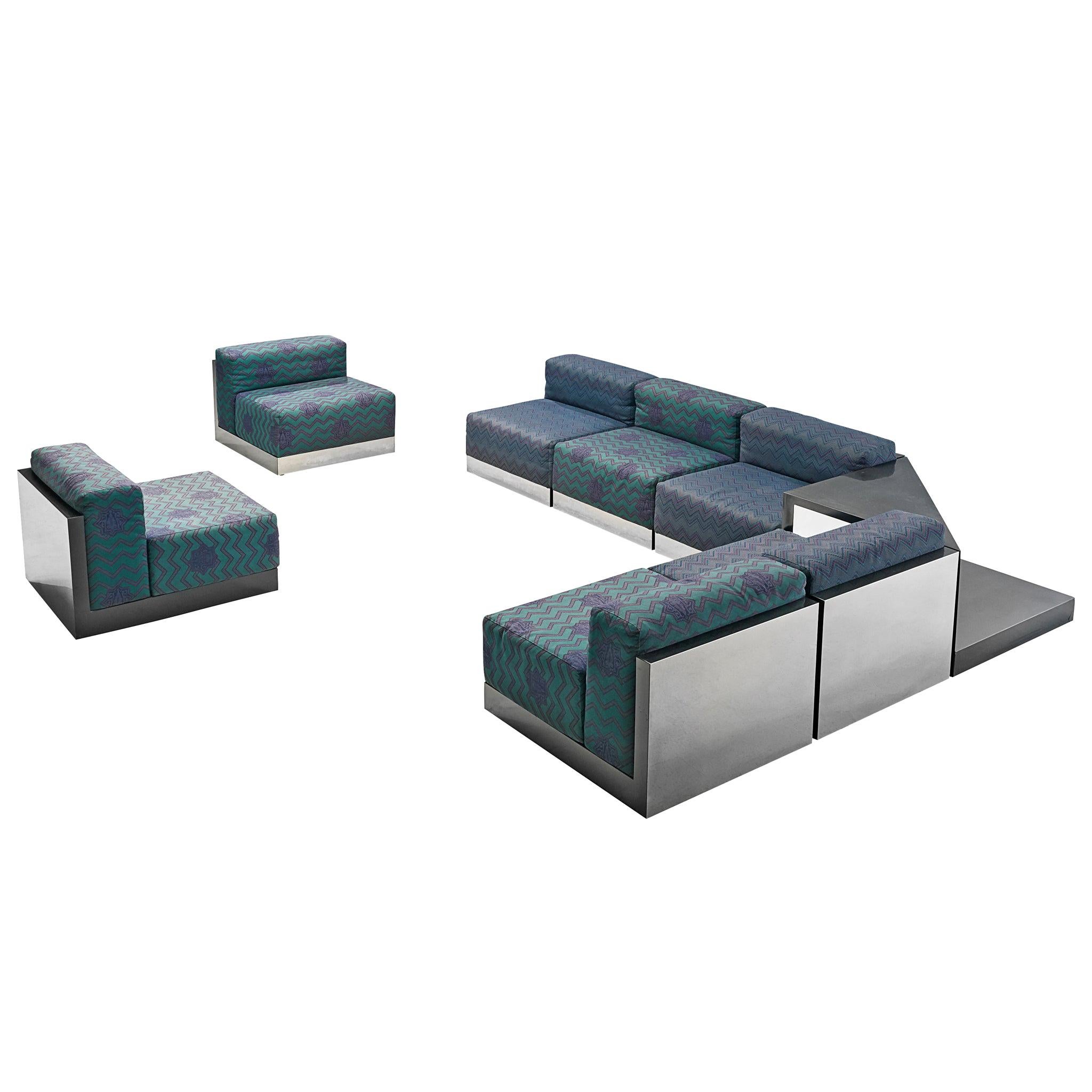 Italian Postmodern Sectional Sofa in Turquoise and Blue Upholstery