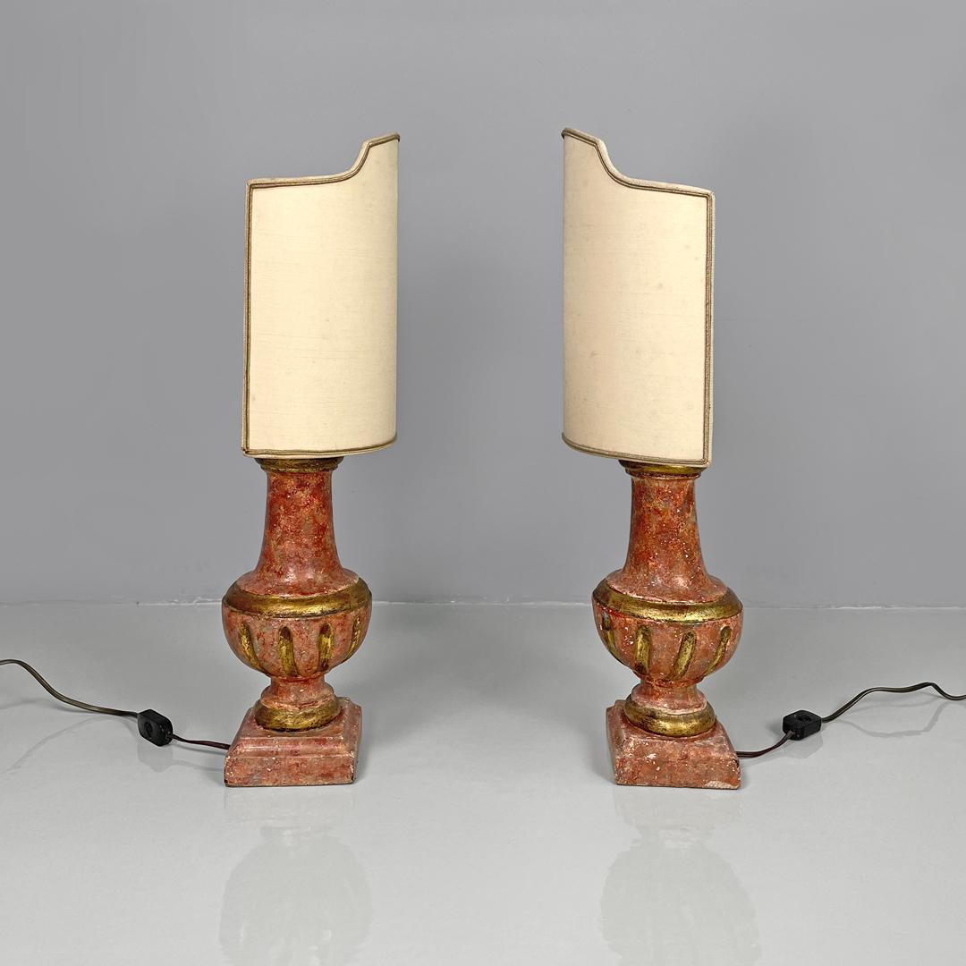 Late 20th Century Lampes de table postmodernes italiennes en bois rouge et doré avec abat-jour en tissu, années 1980 en vente