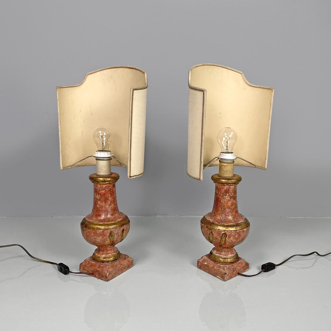 Lampes de table postmodernes italiennes en bois rouge et doré avec abat-jour en tissu, années 1980 en vente 1