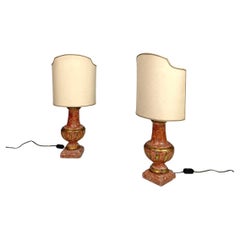 Italian postmodern table lamps red and golden wood with fabric lampshades, 1980s
