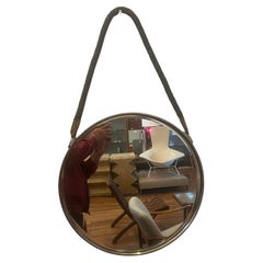 Italian Postmodern Wall Mirror in Steel & Leather Handle