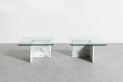 Italian Postmodern White Marble & Glass Side Tables, Pair