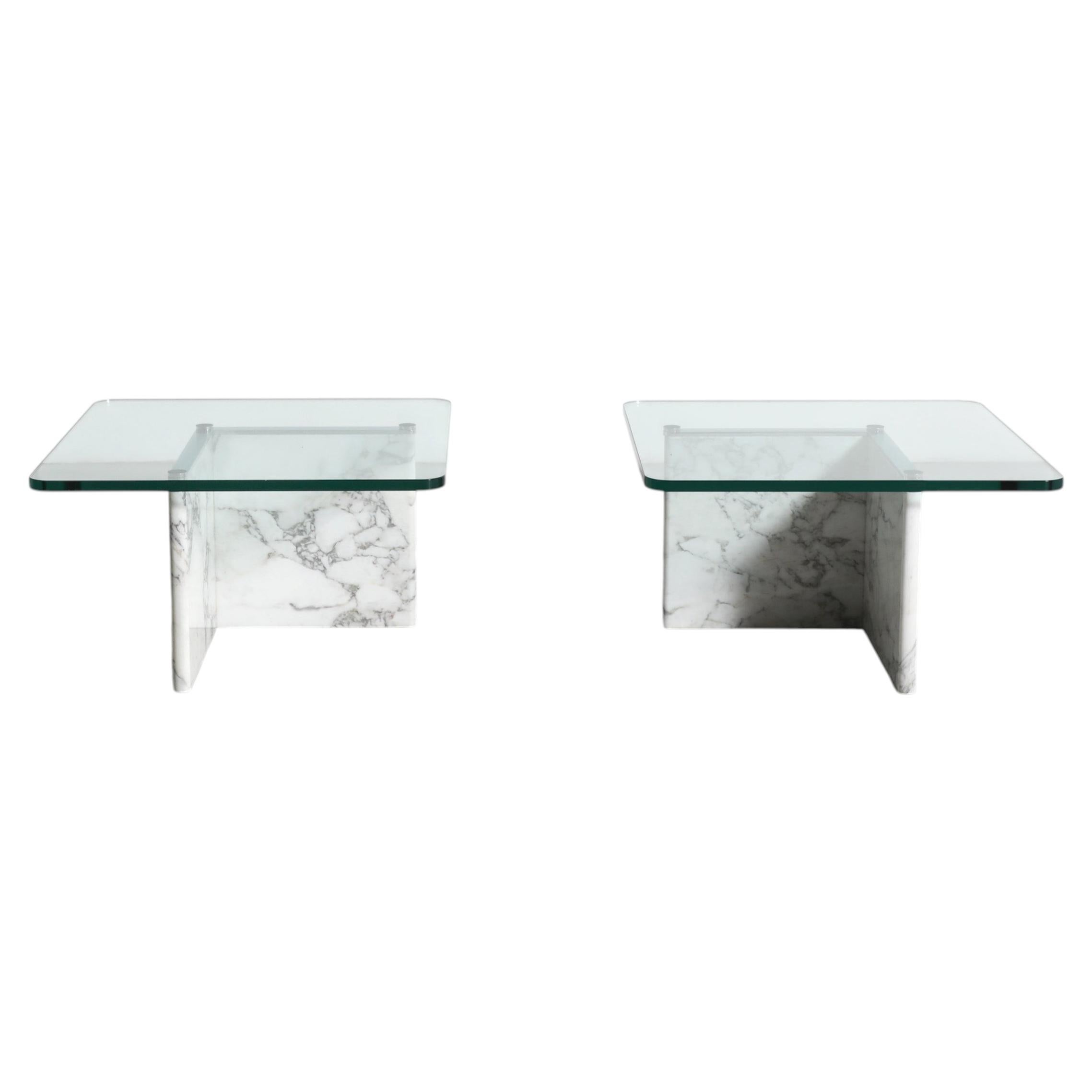 Italian Postmodern White Marble & Glass Side Tables, Pair