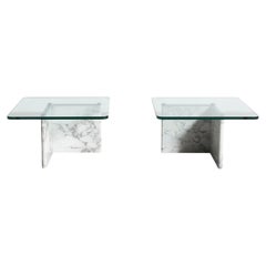 Italian Postmodern White Marble & Glass Side Tables, Pair
