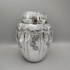 Potiche italiano (jarrón con tapa) en plata 800, totalmente artesanal