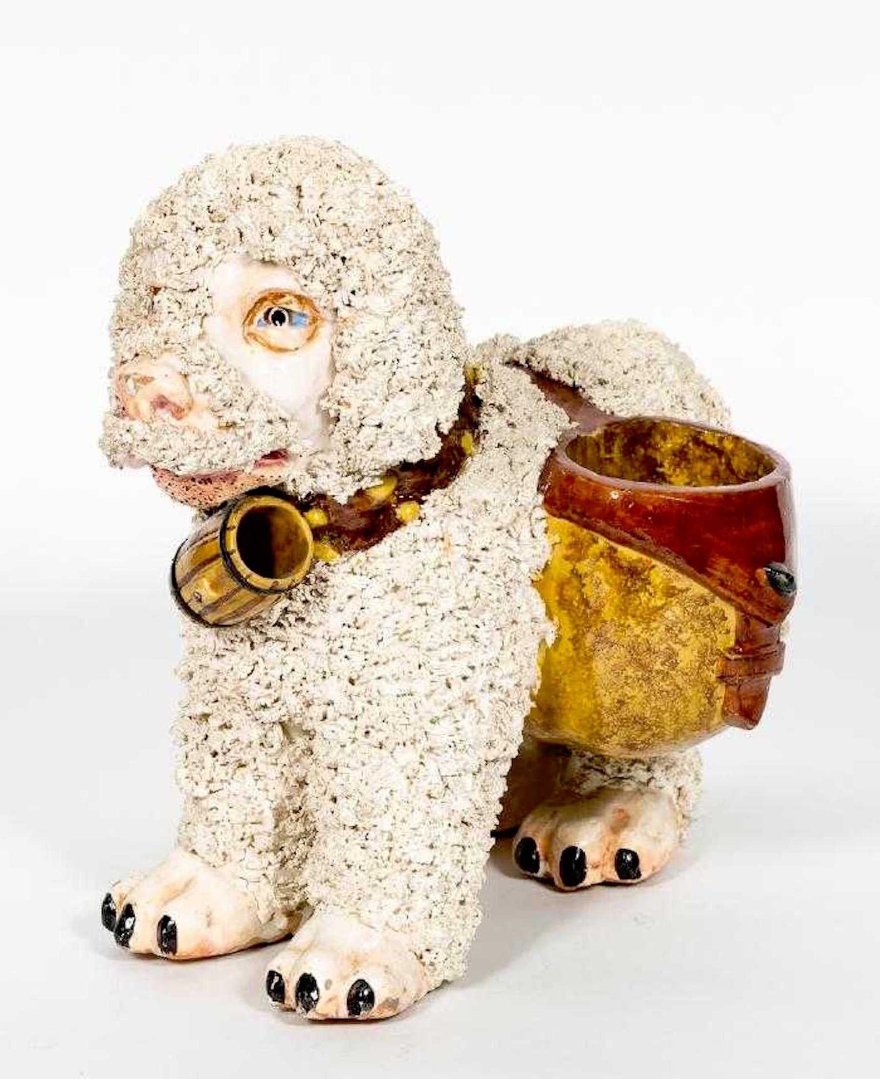 Italian pottery dog cachepot, in the Staffordshire style, the realistically modeled standing dog with relief fur, fitted with two 3