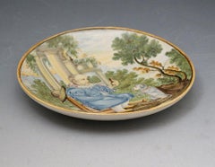 Italian Pottery Handpainted Dish with Male Figure Offering a Morsel 17th Century