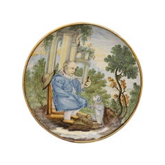 Italian Pottery Handpainted Dish with Male Figure Offering a Morsel 17th Century