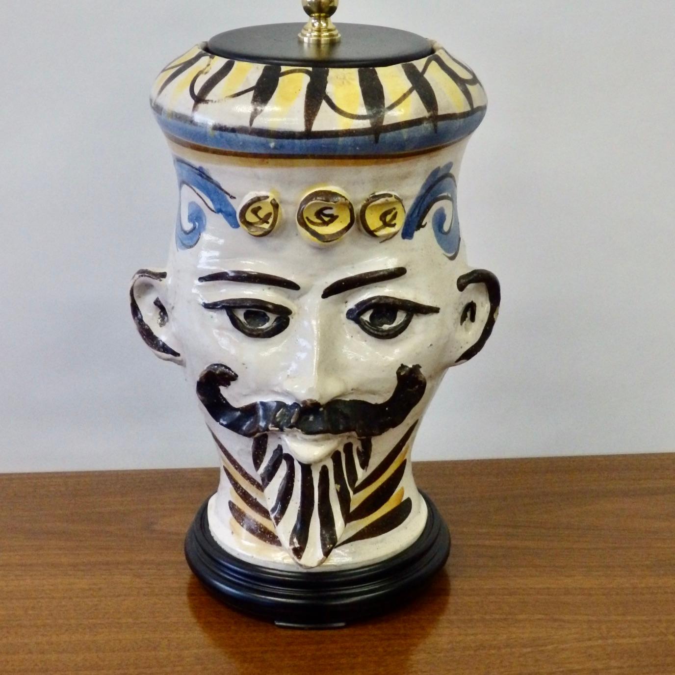 Italian terracotta or redware whimsy lamp in shape of a mustached gentleman.