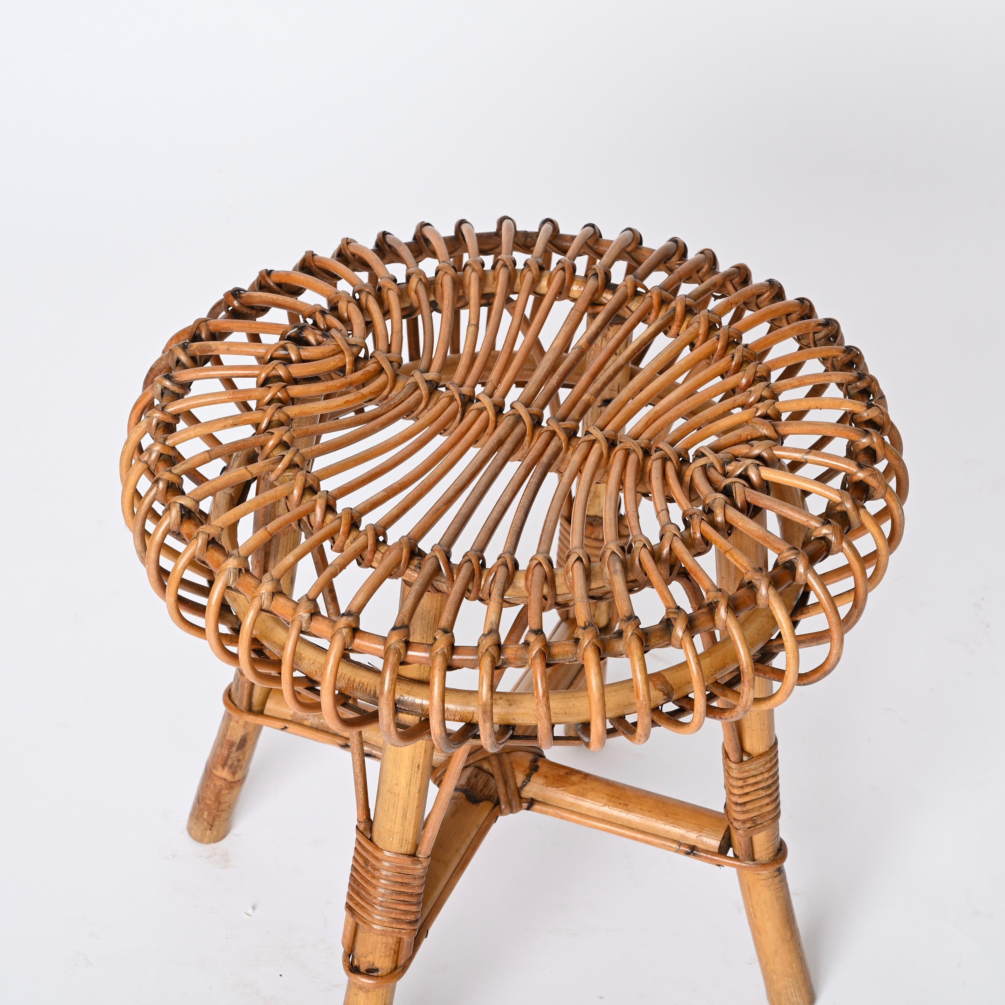 Mid-Century Modern Italian Pouf Stool or Side Table in Rattan and Bamboo, by Franco Albini, 1960s