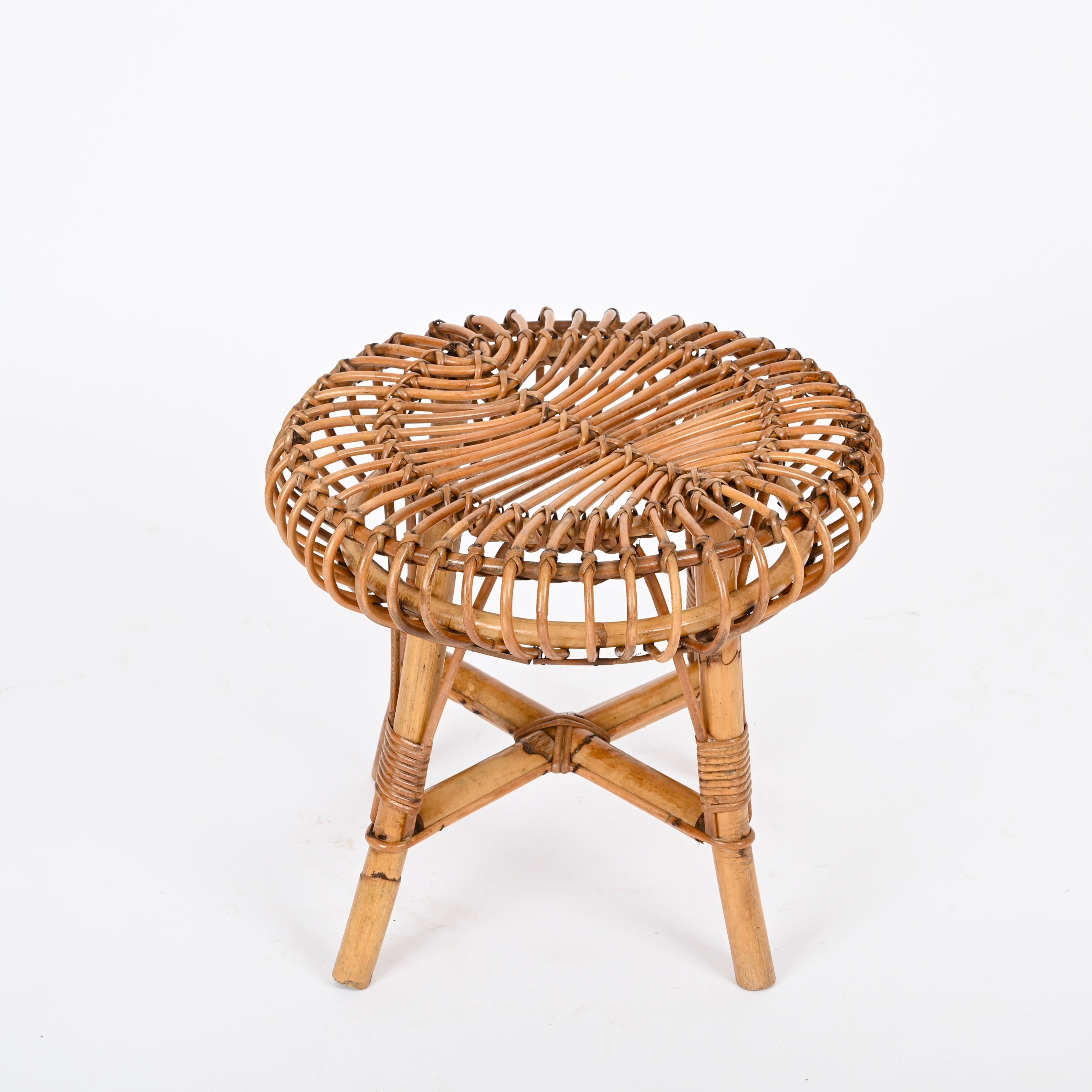 Hand-Woven Italian Pouf Stool or Side Table in Rattan and Bamboo, by Franco Albini, 1960s