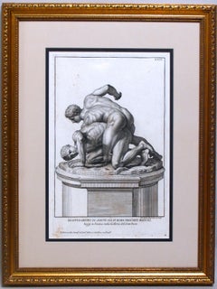 Italian Print Illustration of Two Men Wrestling, Copper Plate Engraving