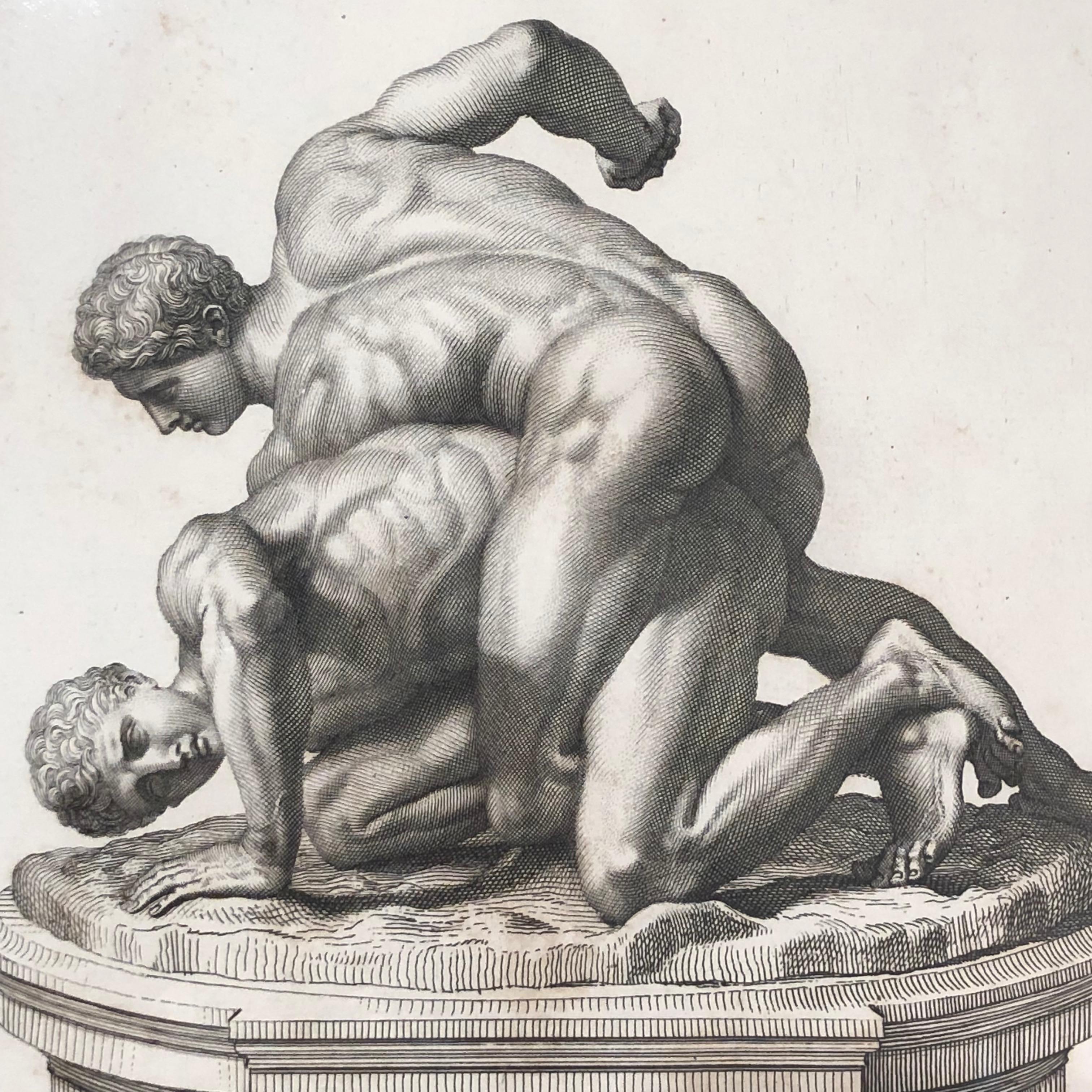 Baroque Italian Print Illustration of Two Men Wrestling, Copper Plate Engraving For Sale