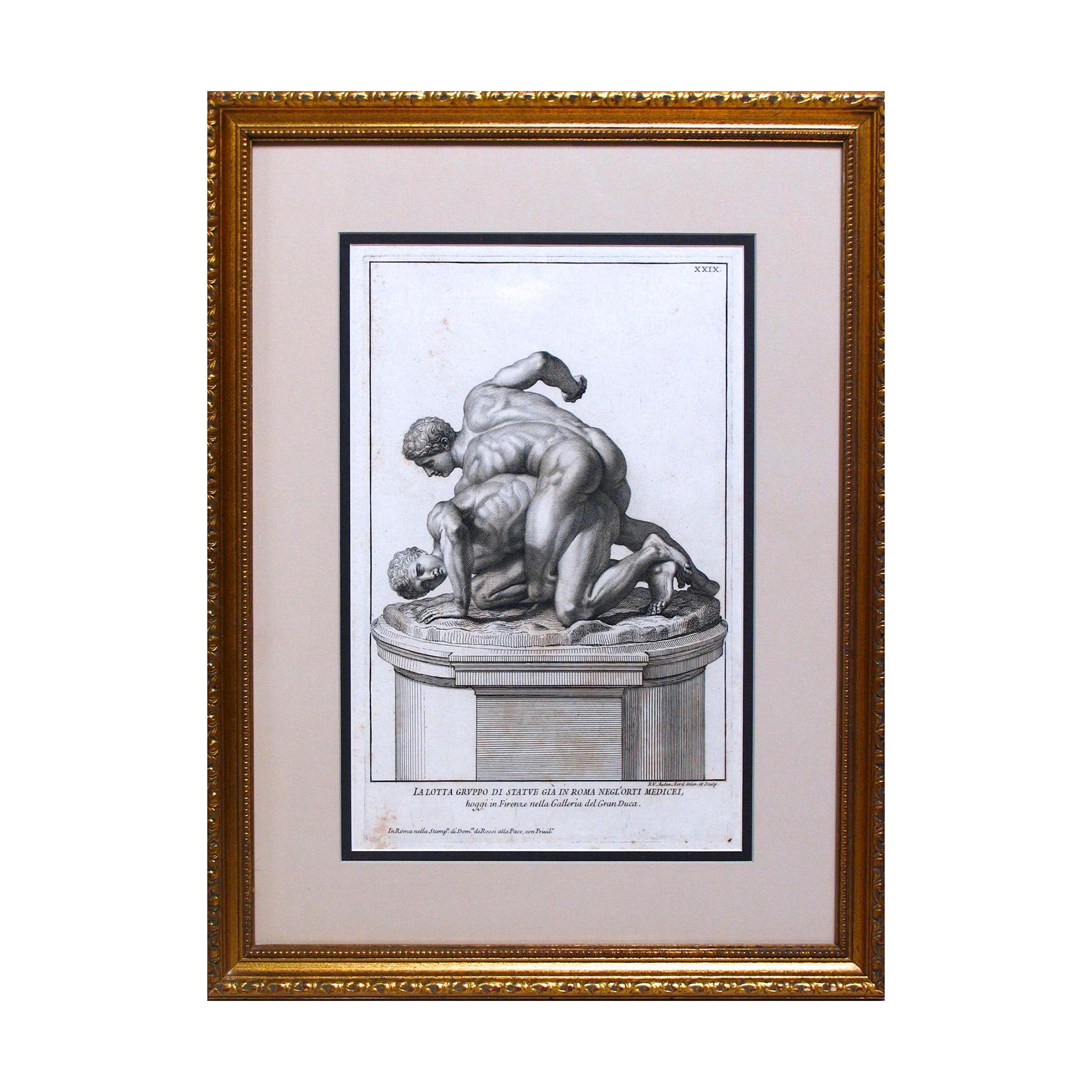 Italian Print Illustration of Two Men Wrestling, Copper Plate Engraving For Sale