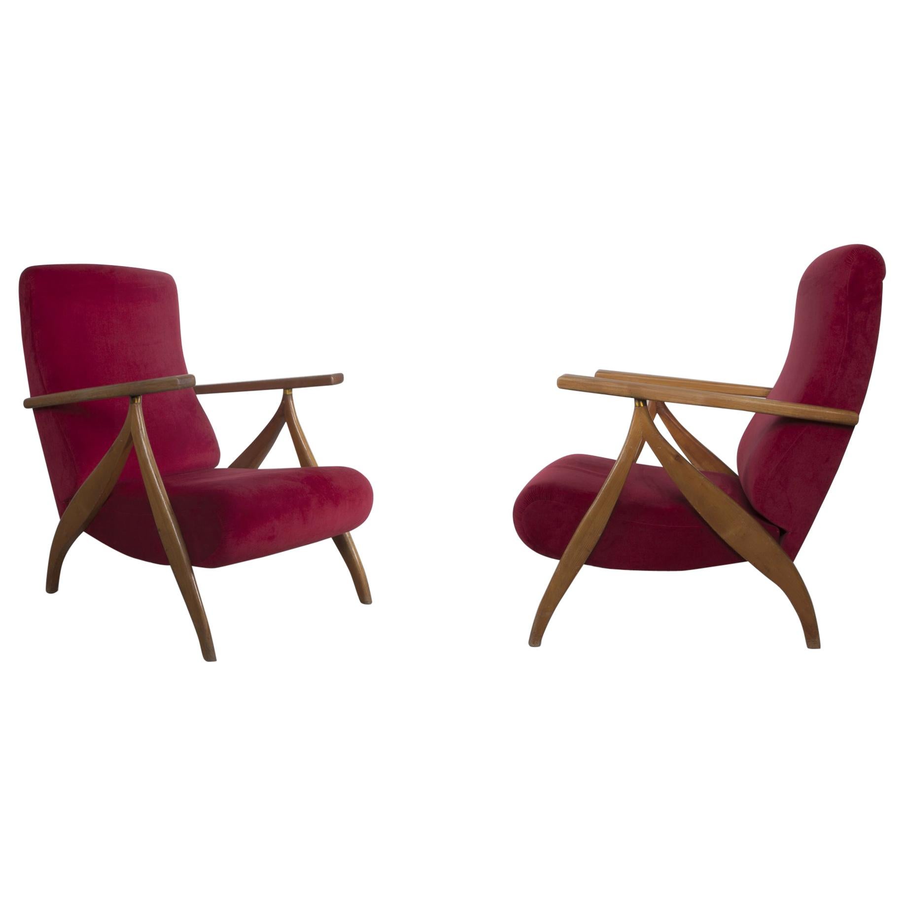 Italian Production, Pair of High Back Armchairs, 1950s For Sale
