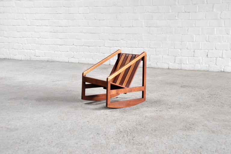 Rocking chair Prototype handmade and designed by the important Italian craftsman Pierluigi Ghianda in the 1960’s. The rocking chair is made out of various sorts of fine wood and shows immense craftmanship and eye for detail. This small protoype was