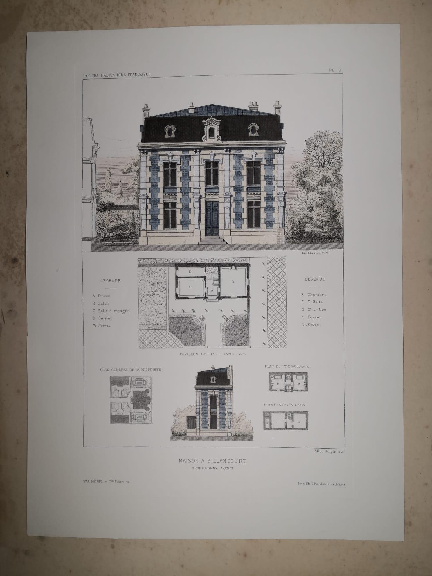 Elegant and refined print representing French architecture and, precisely, a house in Billancourt, a commune in the Somme department in Northern France. Together with the other three prints, it belongs to the collection 