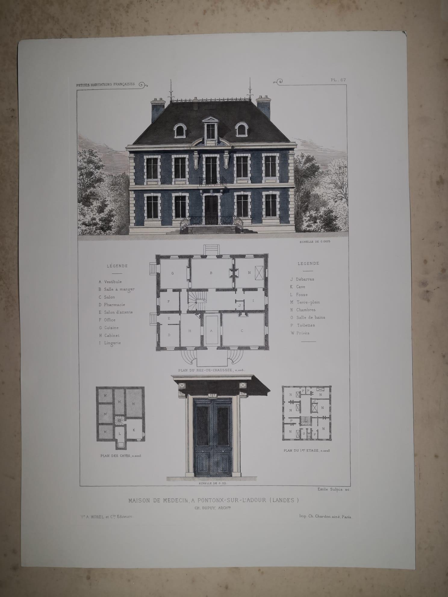 Elegant and refined print representing French architecture and, precisely, a Maison de medecin in Pontonx-sur-l'Adour, a commune in the Landes department in Nouvelle-Aquitaine. Together with other three prints, it belongs to the collection 