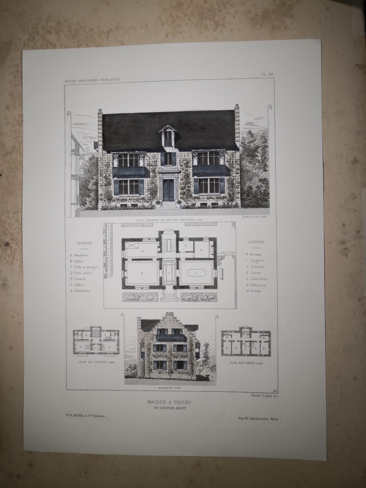 Elegant and refined print representing french architecture and, precisely, a house Poissy a commune in the Yvelines department in the Île-de-France. Together with other three prints, it belongs to the collection 