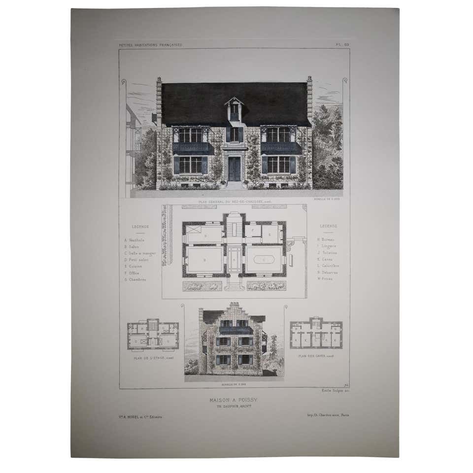 Set of Three Antique Architecture Prints of Various Building Plans and ...