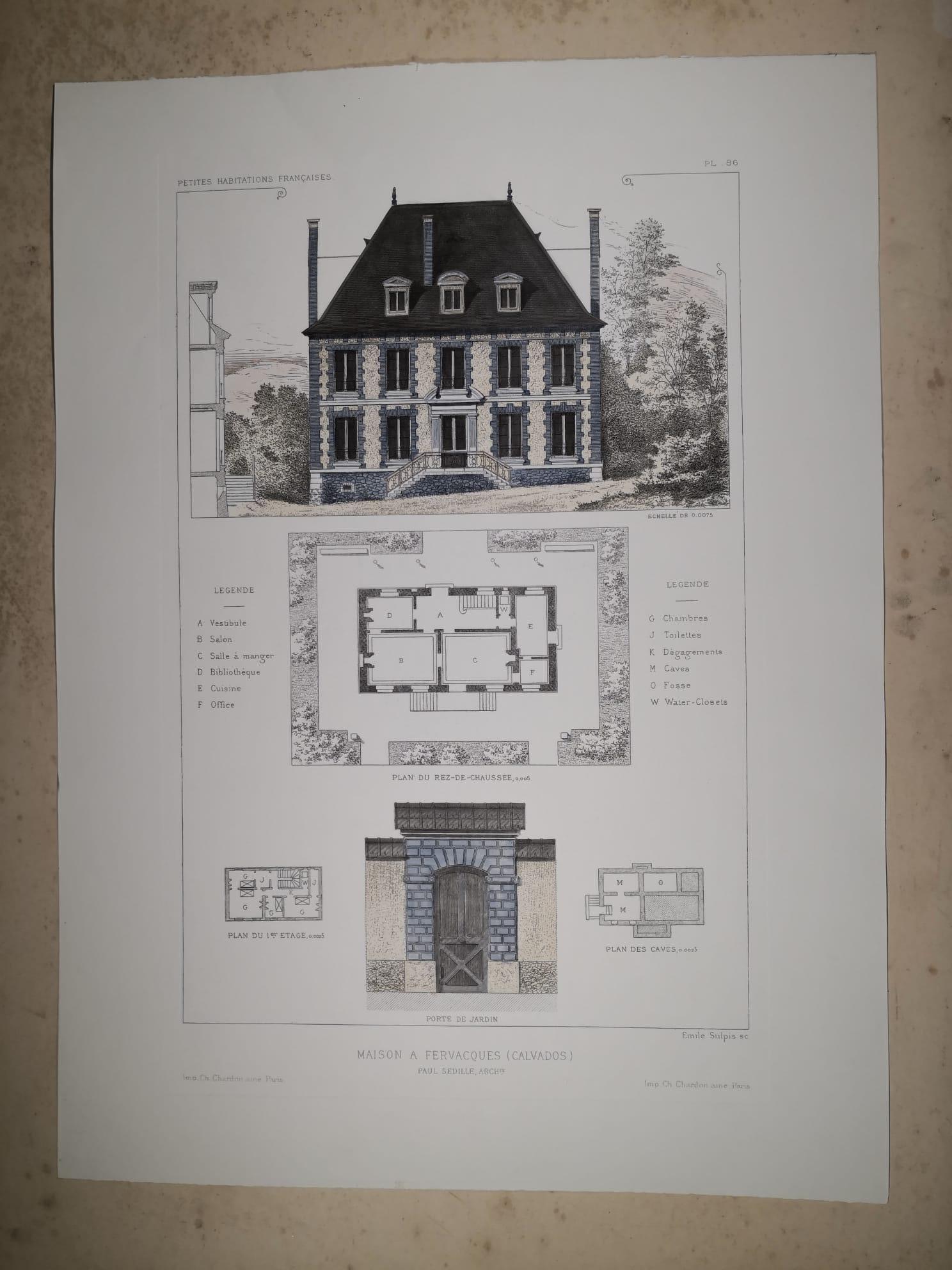 Elegant and refined print representing French architecture and, precisely, a house in Fervaques, a former commune in the Calvados (Normandy, France). Together with other three prints, it belongs to the collection 