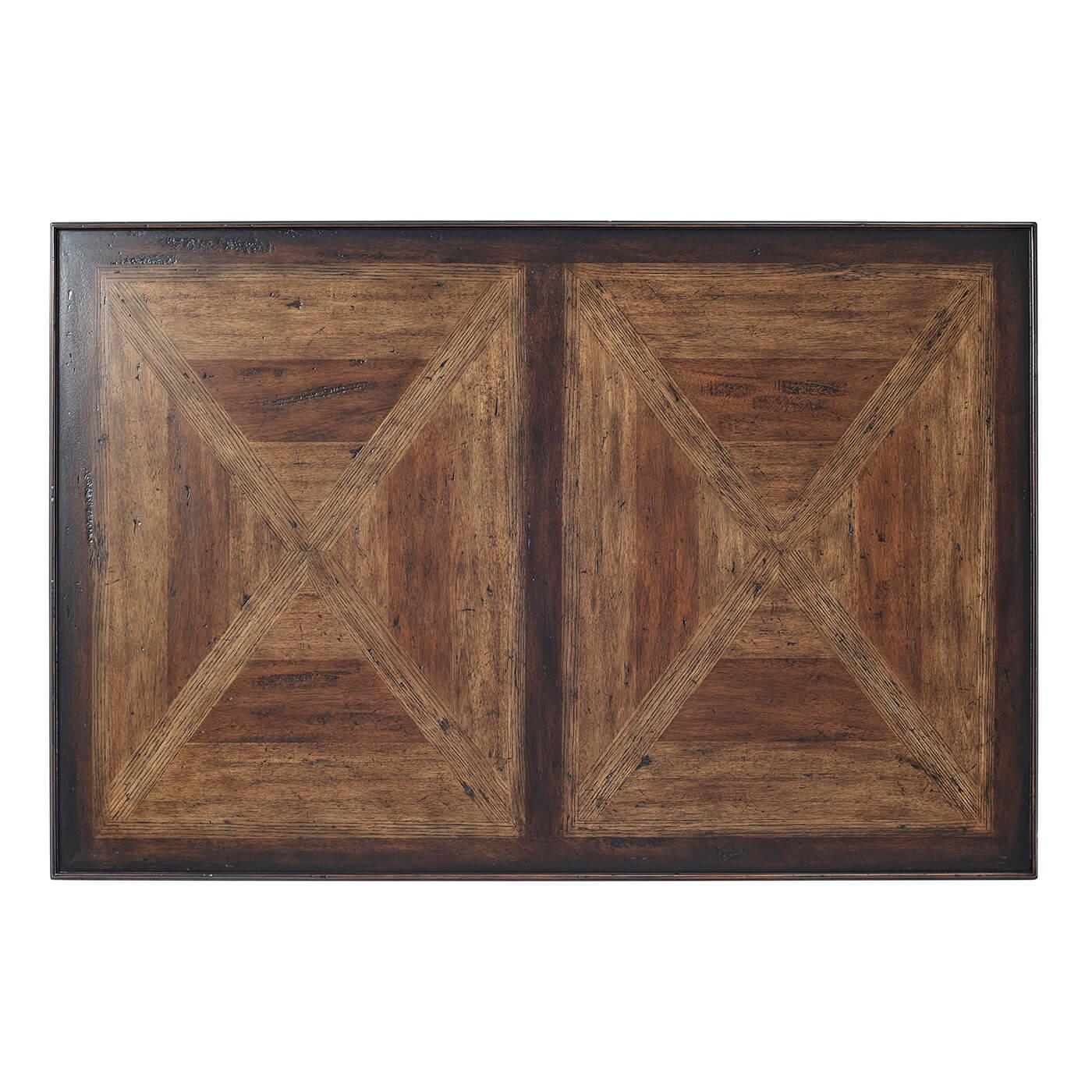 Italian Provincial mahogany with oak and Acacia Parquetry coffee table with ebonized details. A similar under tier with chamfered 'X' sides, chamfered legs and paneled tapered Feet.
Dimensions: 54