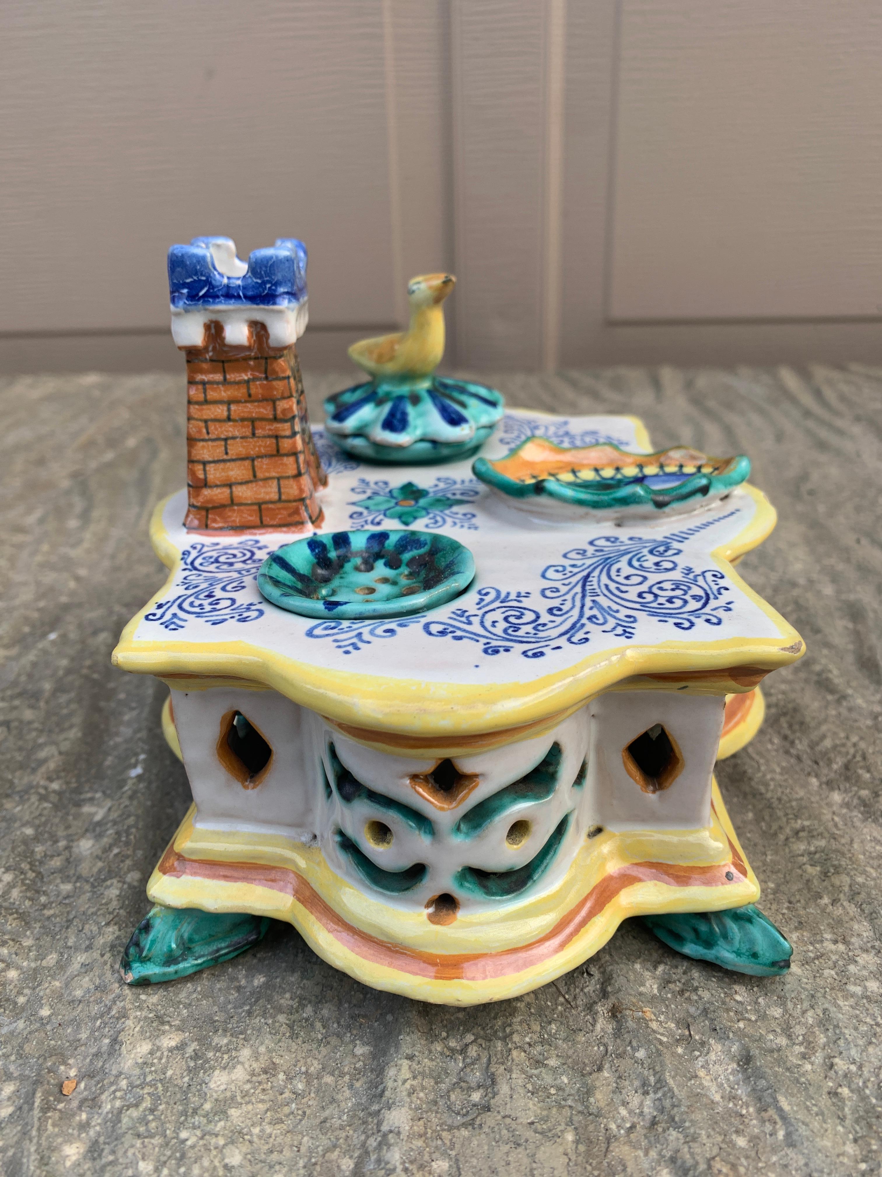 Italian Provincial Deruta Hand Painted Allegorical Faience Inkwell For Sale 6