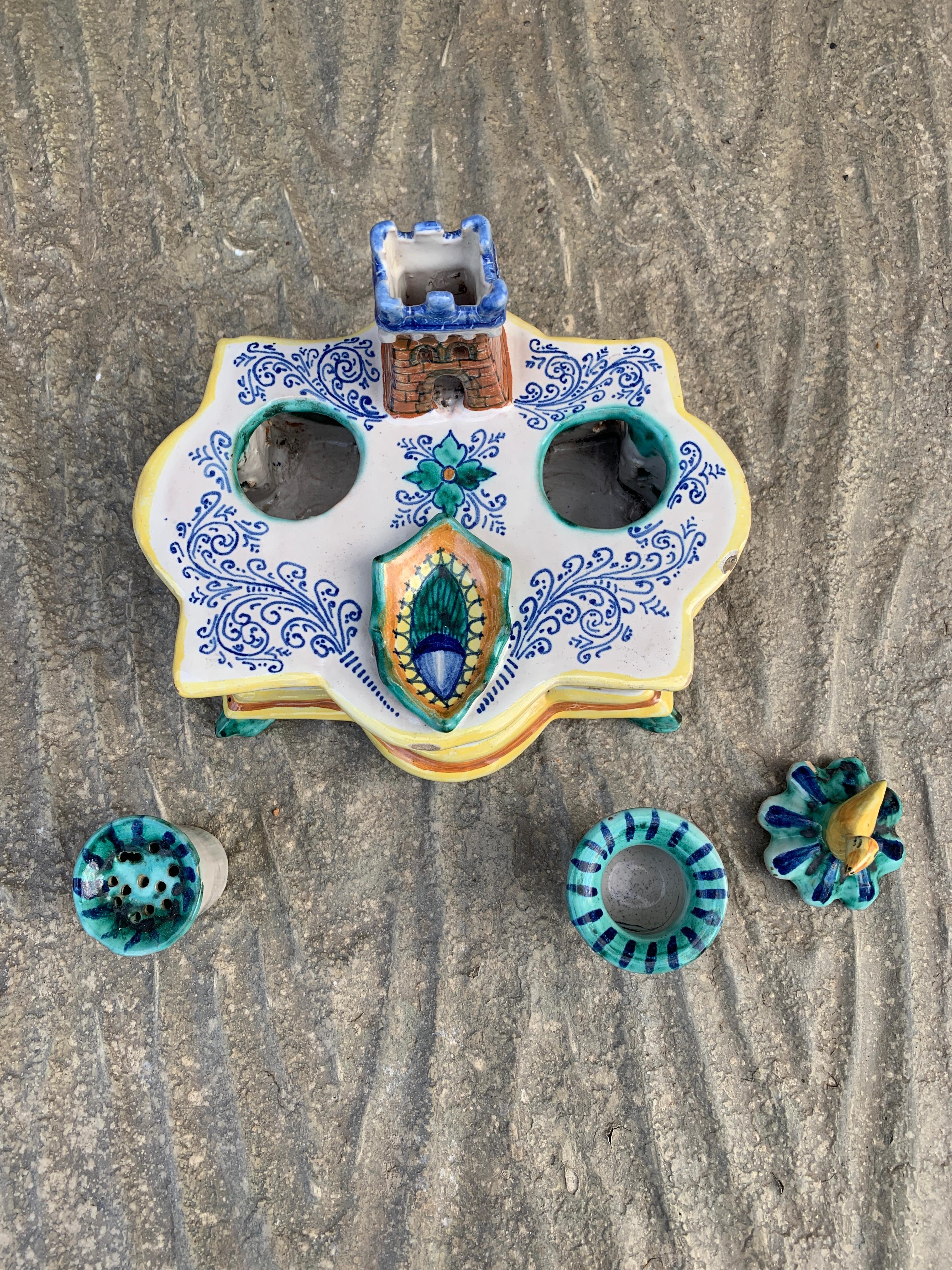 Italian Provincial Deruta Hand Painted Allegorical Faience Inkwell For Sale 7