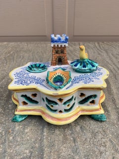 Italian Provincial Deruta Hand Painted Allegorical Faience Inkwell