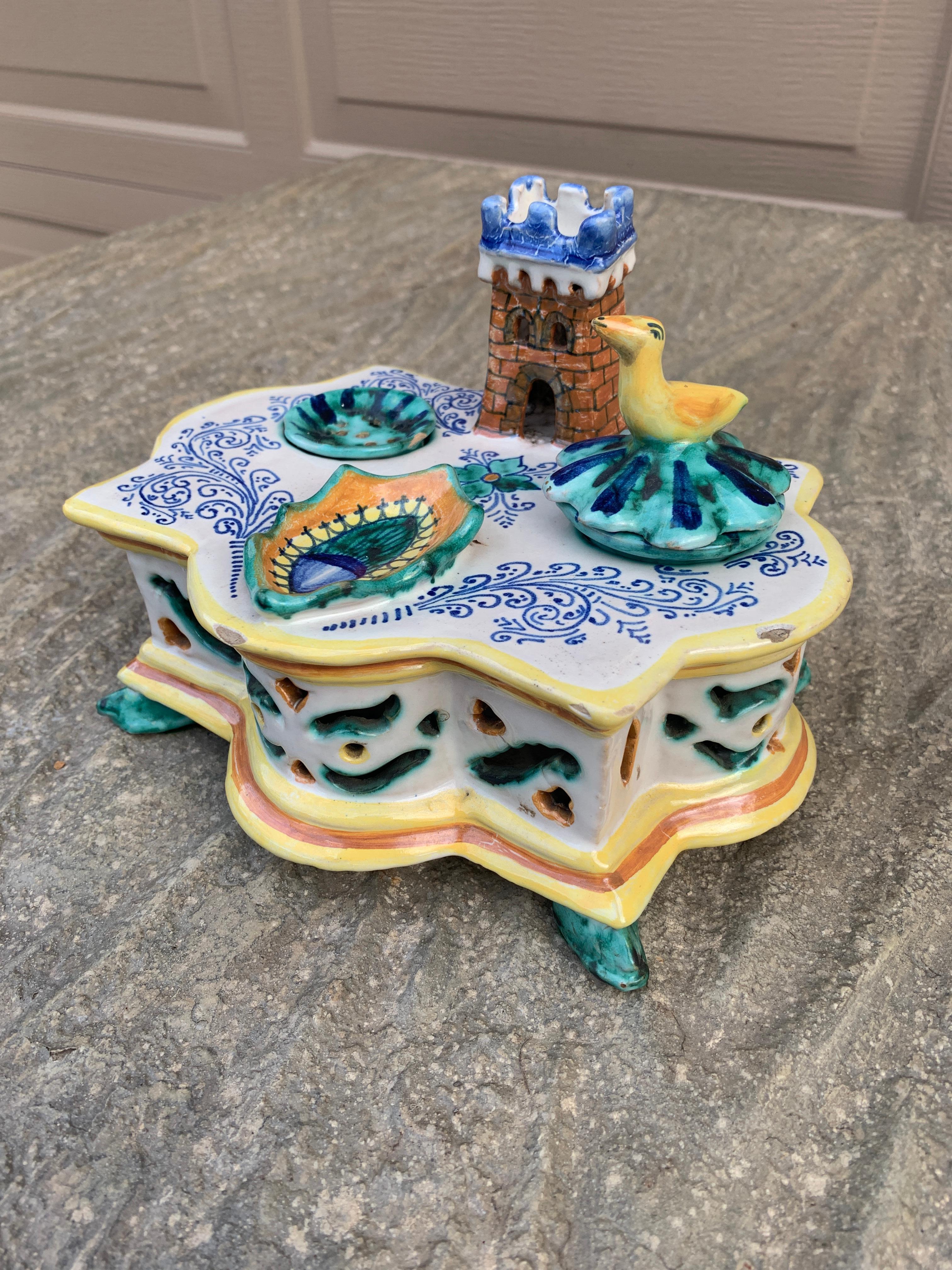 French Provincial Italian Provincial Deruta Hand Painted Allegorical Faience Inkwell For Sale