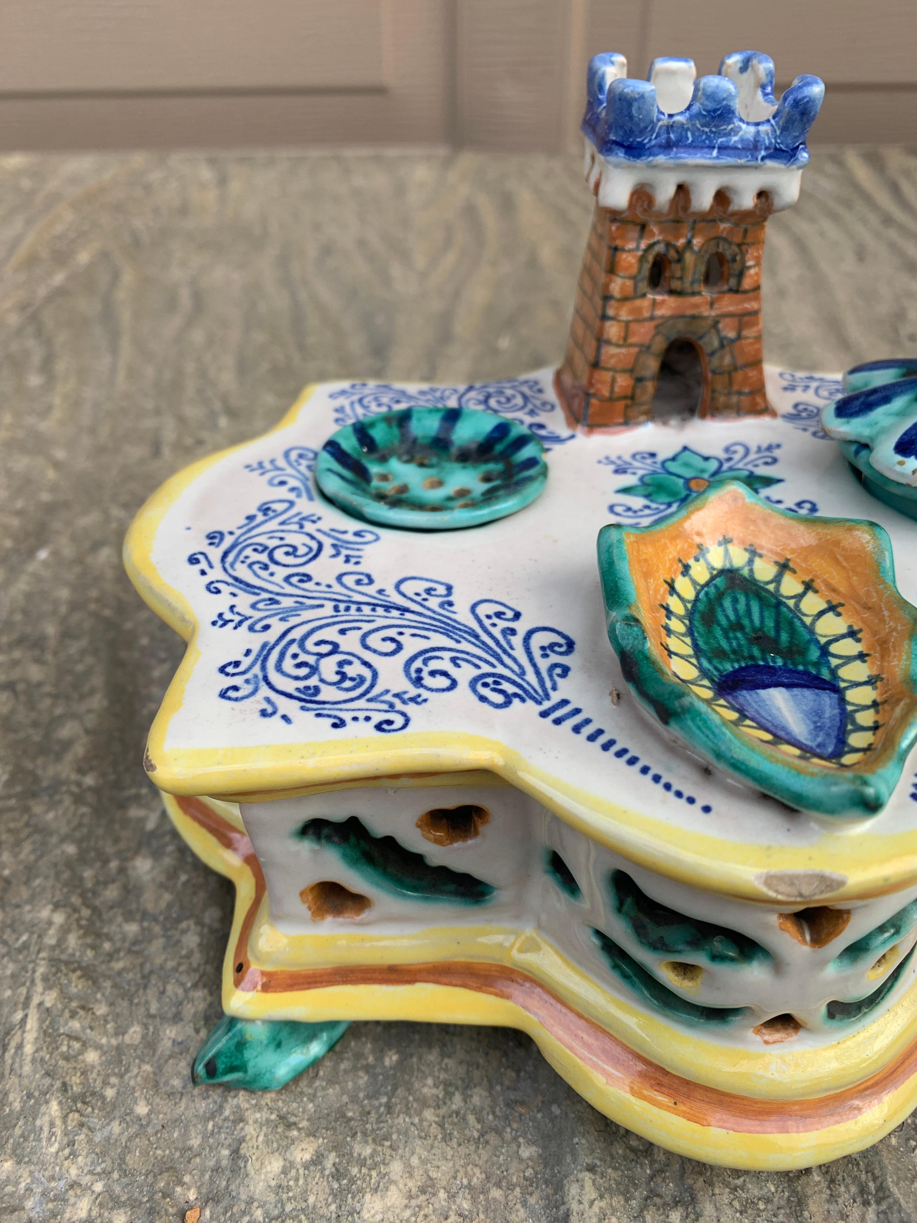 Italian Provincial Deruta Hand Painted Allegorical Faience Inkwell For Sale 1