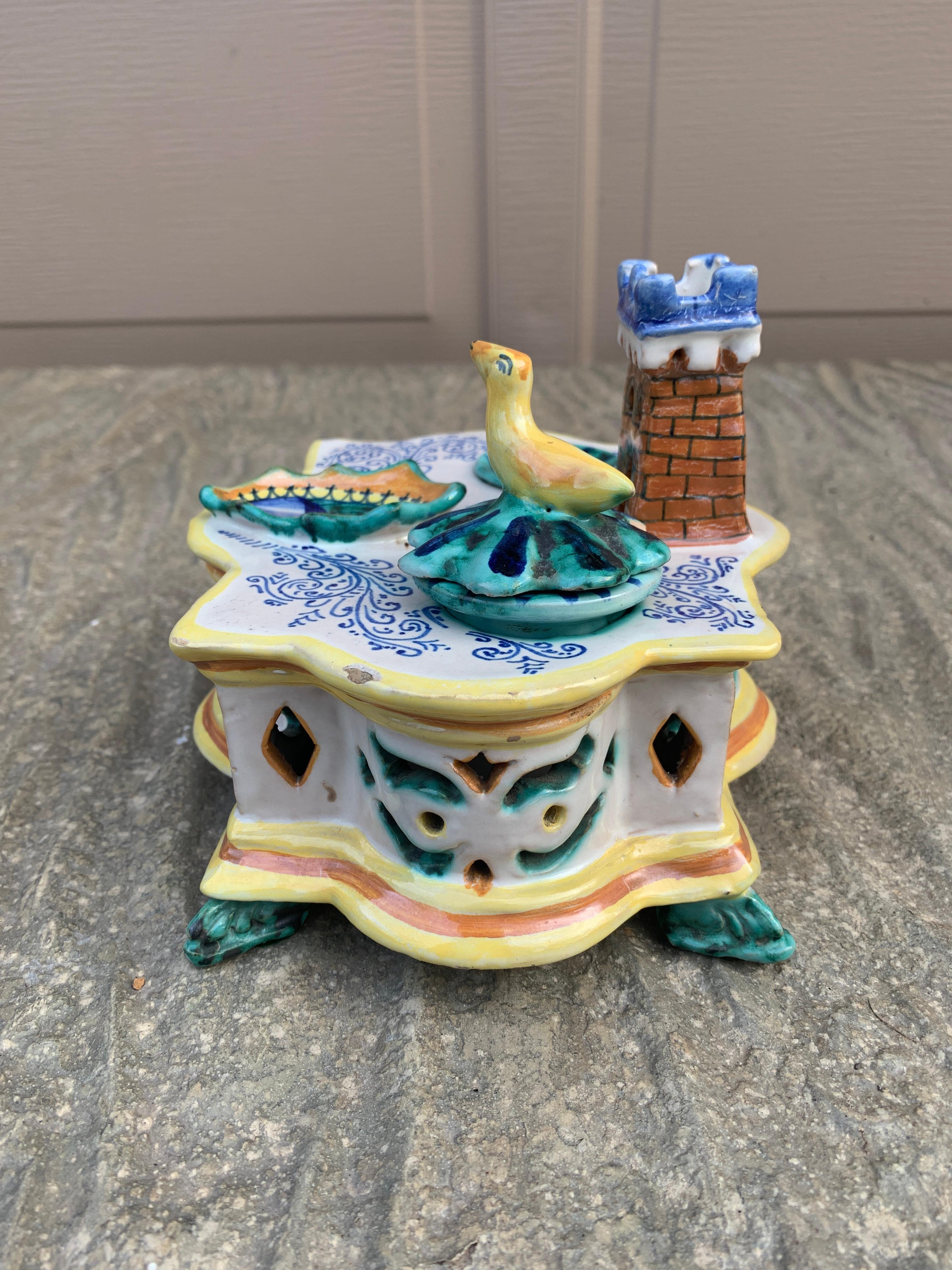 Italian Provincial Deruta Hand Painted Allegorical Faience Inkwell For Sale 4